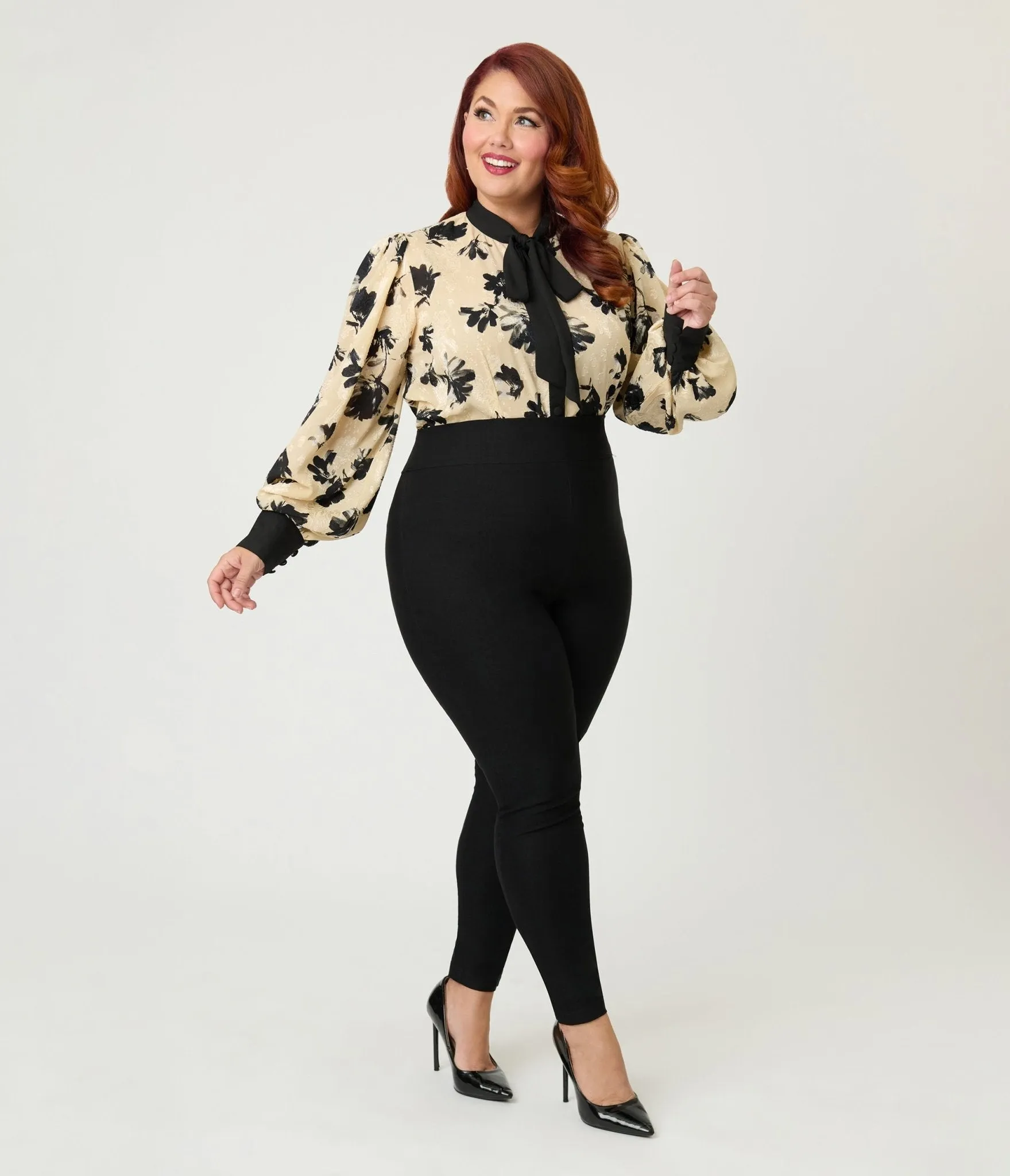 Unique Vintage Plus Size Taupe & Black Floral Long Sleeve Gwen Blouse sold by Unique Vintage product image thumbnail 4