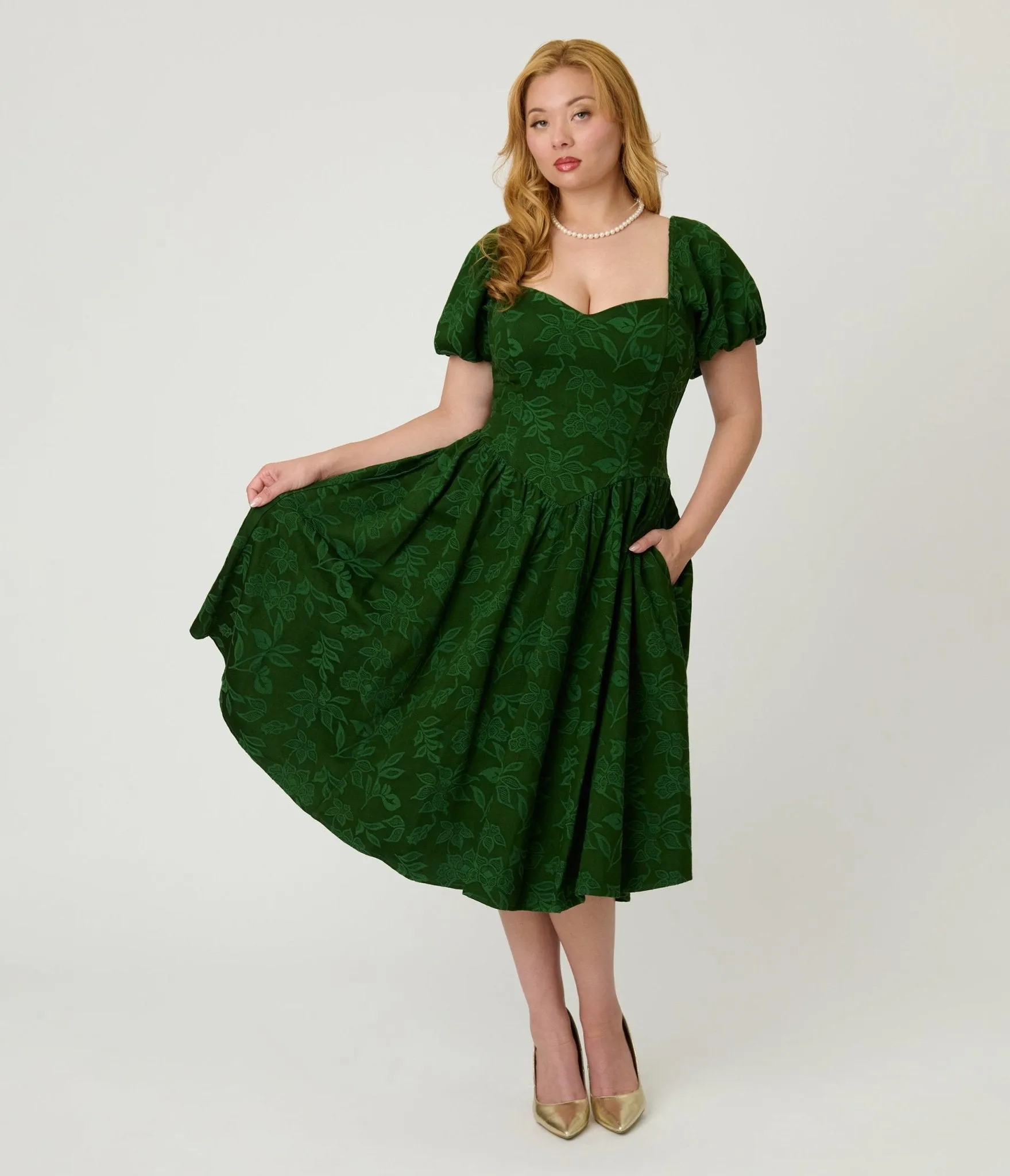 Smak Parlour Green Floral Brocade Swing Dress sold by Unique Vintage product image thumbnail 3