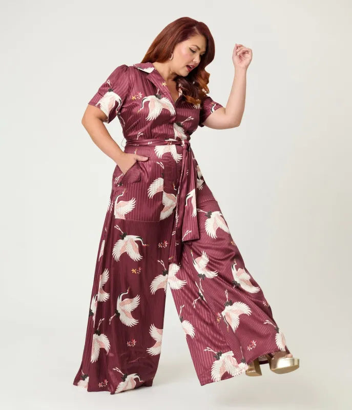 Unique Vintage Plus Size Burgundy & White Cranes Flare Jumpsuit sold by Unique Vintage