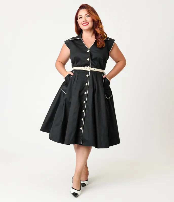 Unique Vintage Plus Size Black & White Cotton Shirt Swing Dress sold by Unique Vintage