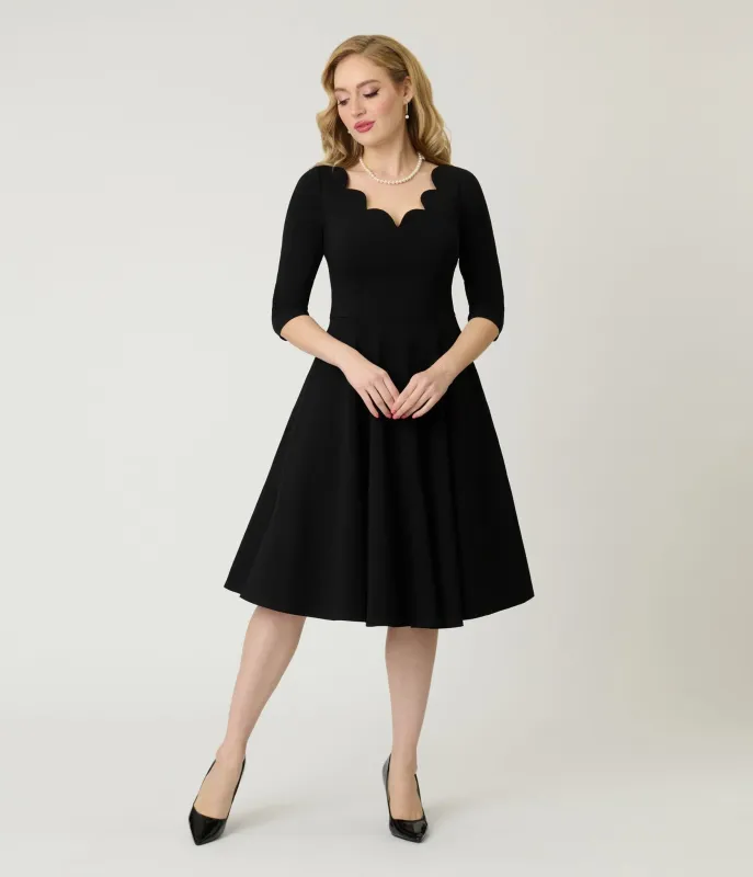 Unique Vintage Black Scalloped Neck Swing Dress sold by Unique Vintage