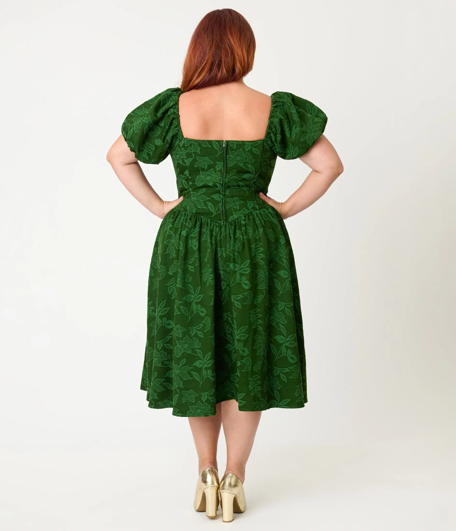 Smak Parlour Plus Size Green Floral Brocade Swing Dress sold by Unique Vintage product image thumbnail 2