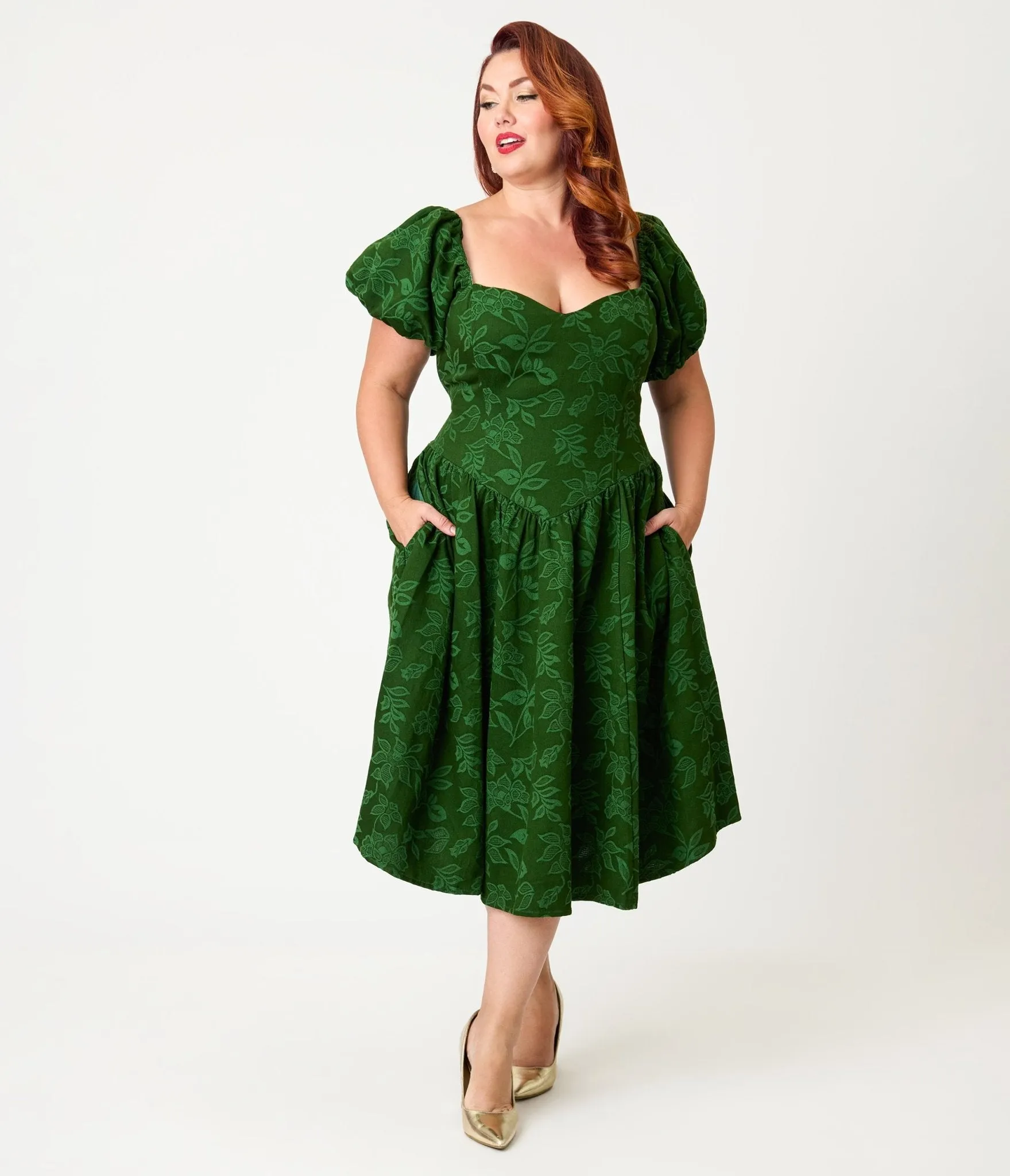 Smak Parlour Plus Size Green Floral Brocade Swing Dress sold by Unique Vintage product image thumbnail 3