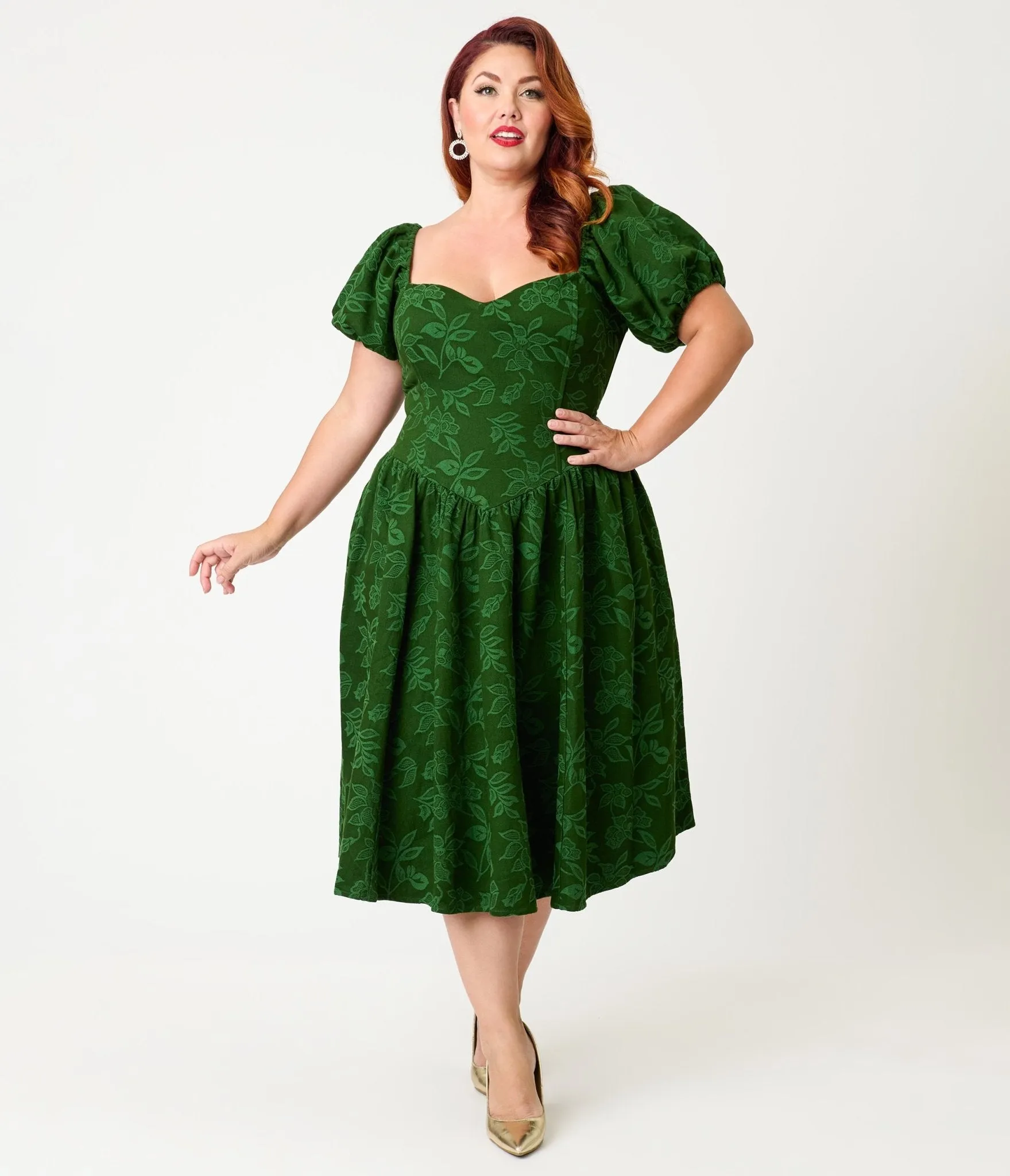 Smak Parlour Plus Size Green Floral Brocade Swing Dress sold by Unique Vintage product image thumbnail 4
