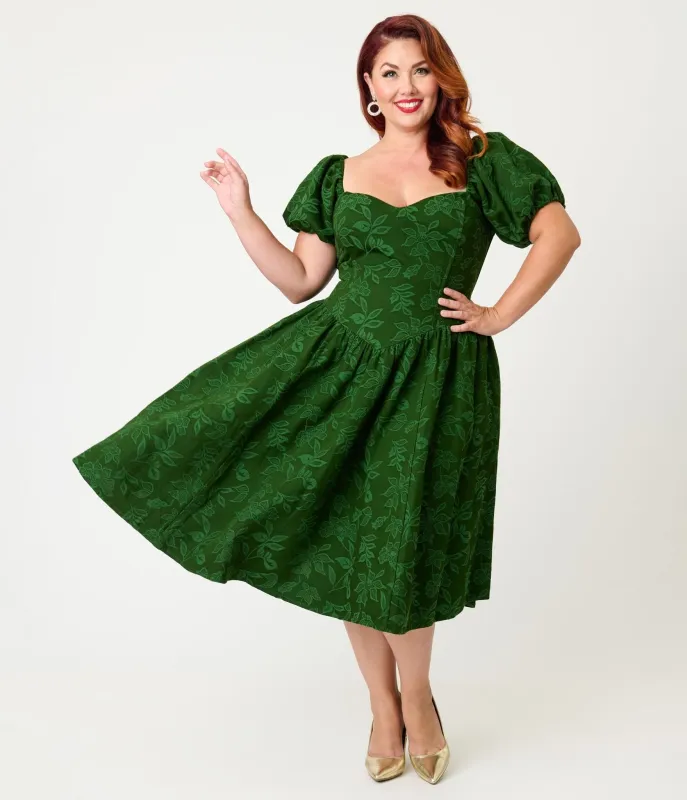 Smak Parlour Plus Size Green Floral Brocade Swing Dress sold by Unique Vintage