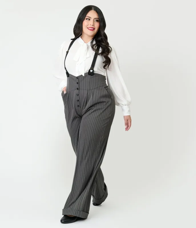 Unique Vintage Plus Size Charcoal Pinstripe Thelma Suspender Pants sold by Unique Vintage