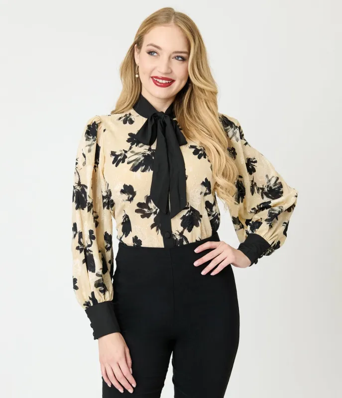 Unique Vintage Taupe & Black Floral Long Sleeve Gwen Blouse sold by Unique Vintage