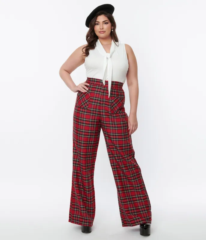 Smak Parlour Plus Size Red Plaid Wide Leg Trousers sold by Unique Vintage