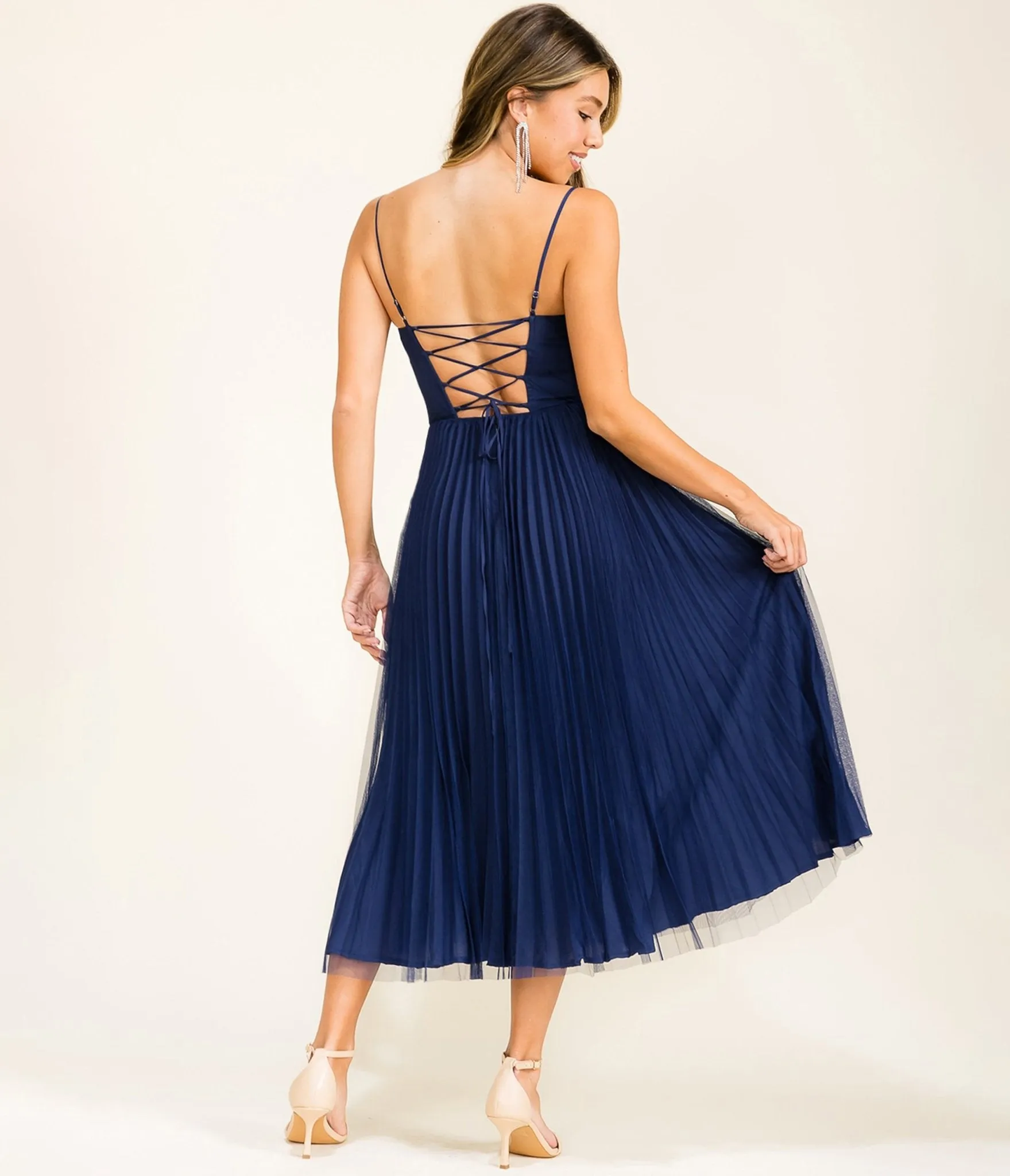 Navy Pleated Tulle Midi Dress sold by Unique Vintage product image thumbnail 2