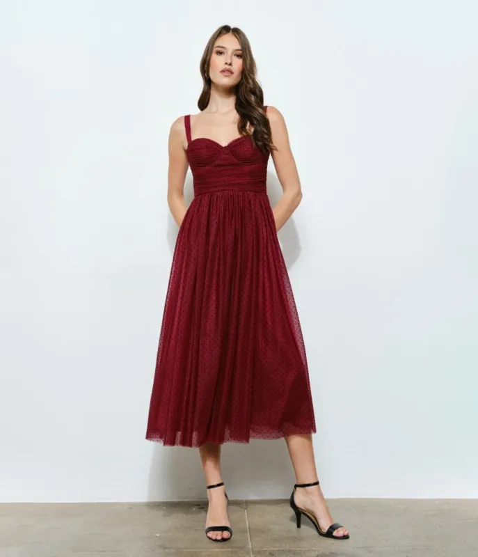 Burgundy Polka Dot Tulle Midi Dress sold by Unique Vintage