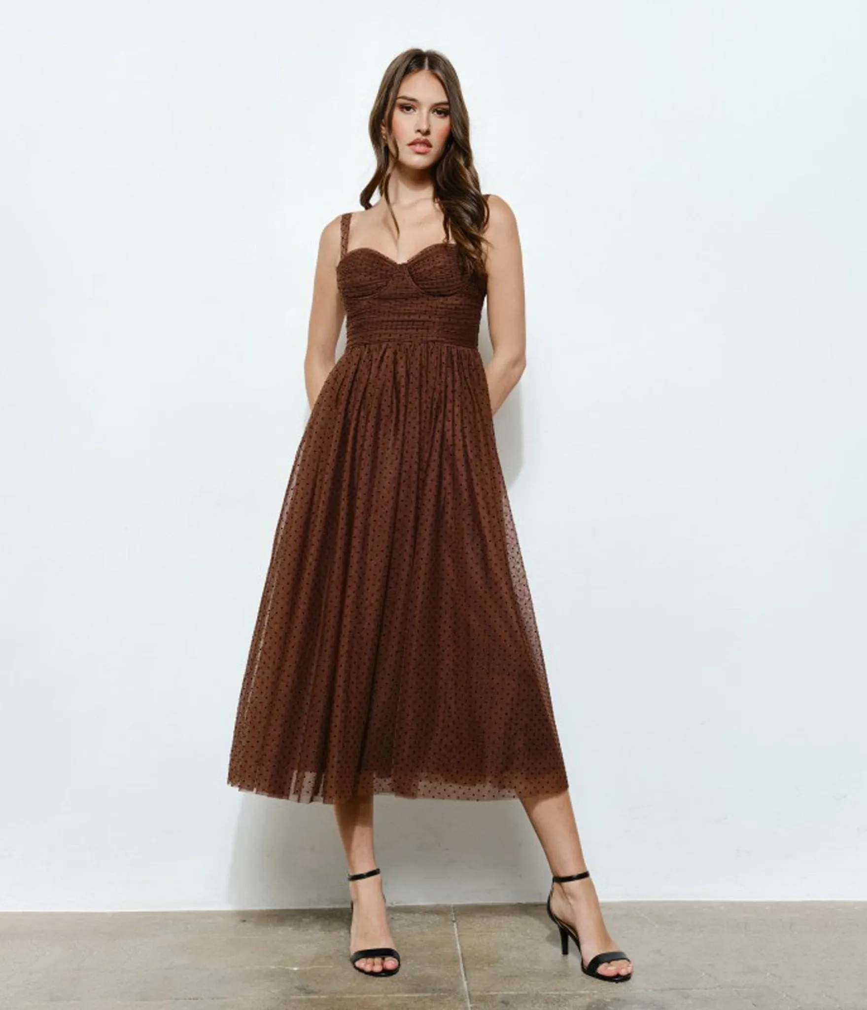 Brown Polka Dot Tulle Midi Dress sold by Unique Vintage product image thumbnail 3
