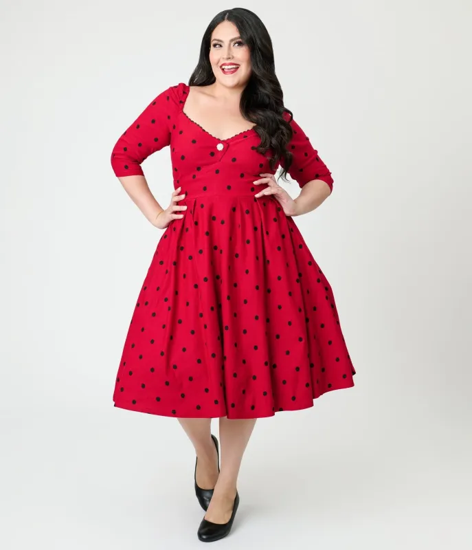 Unique Vintage Plus Size Burgundy & Black Dot Sweetheart Lamar Swing Dress sold by Unique Vintage