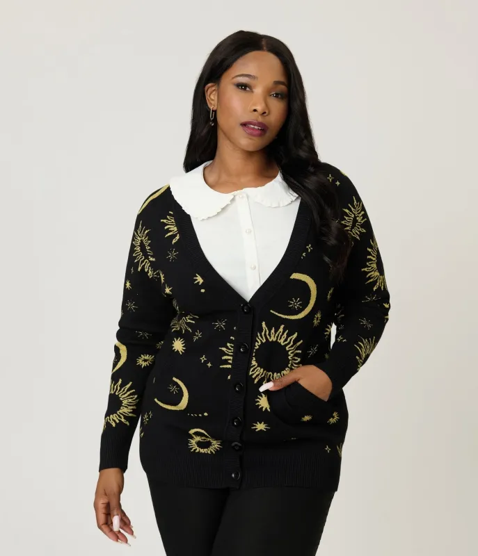 Unique Vintage Plus Size Black & Gold Celestial Button Cardigan sold by Unique Vintage