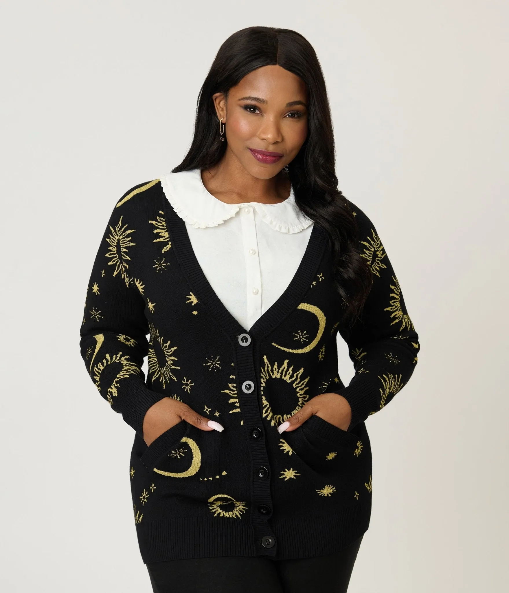 Unique Vintage Plus Size Black & Gold Celestial Button Cardigan sold by Unique Vintage product image thumbnail 3