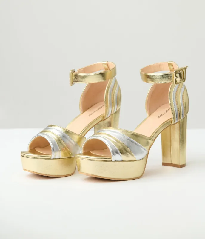 Unique Vintage Silver & Gold Leatherette Peep Toe Pumps sold by Unique Vintage