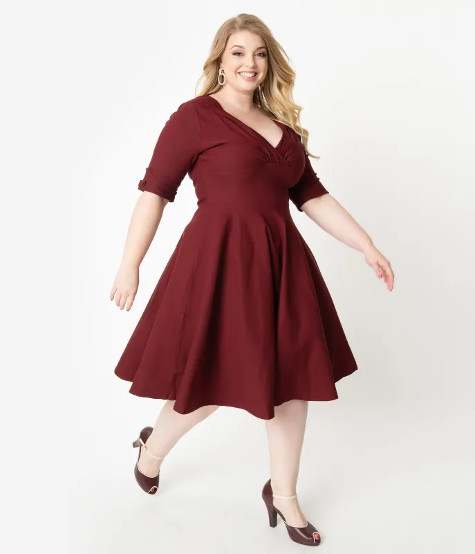 Unique Vintage Plus Size 1950s Burgundy Red Delores Swing Dress with Sleeves sold by Unique Vintage
