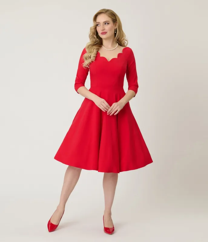 Unique Vintage Red Scalloped Neck Swing Dress sold by Unique Vintage
