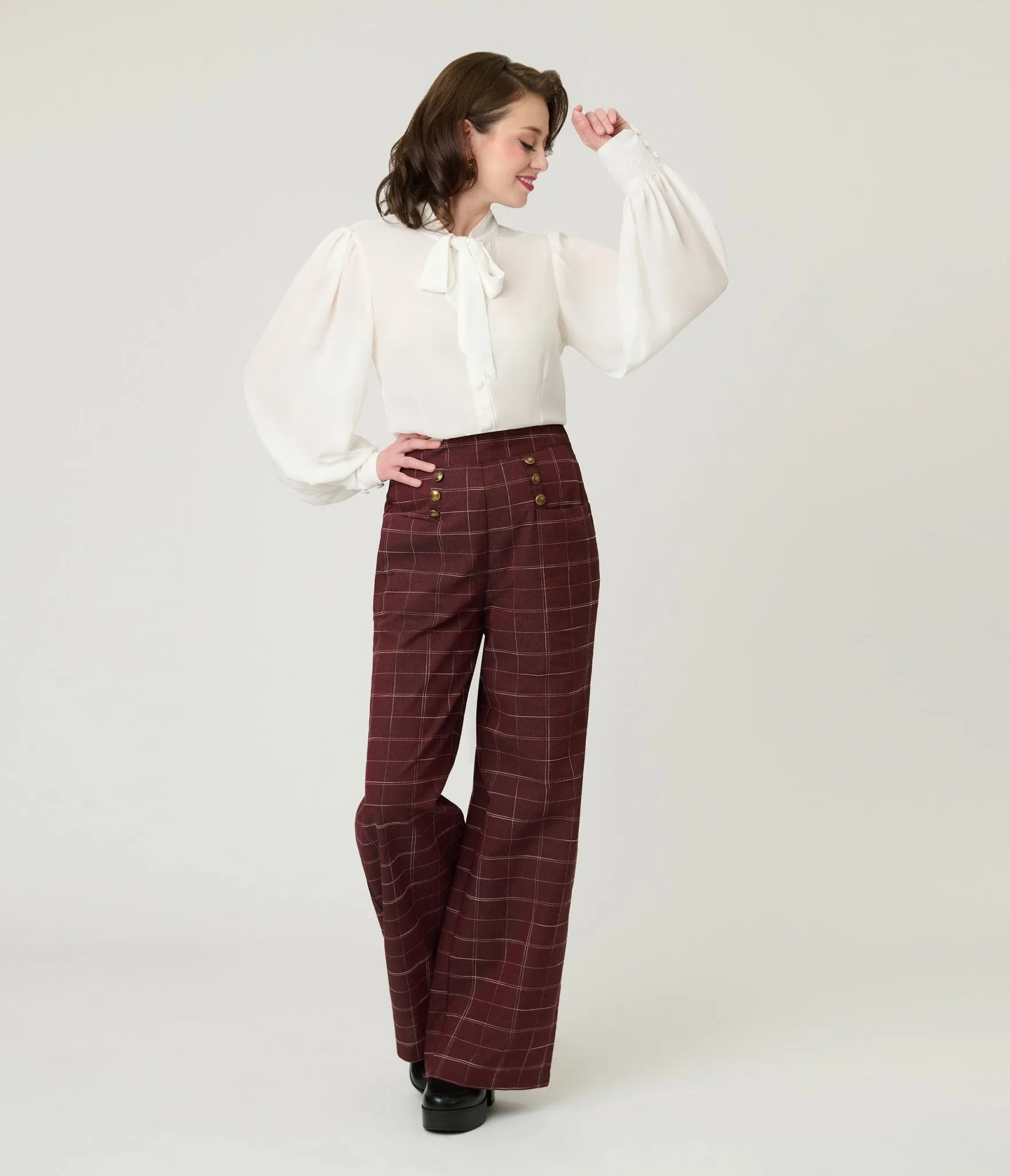 Unique Vintage Burgundy Windowpane Plaid Sailor Ginger Pants sold by Unique Vintage