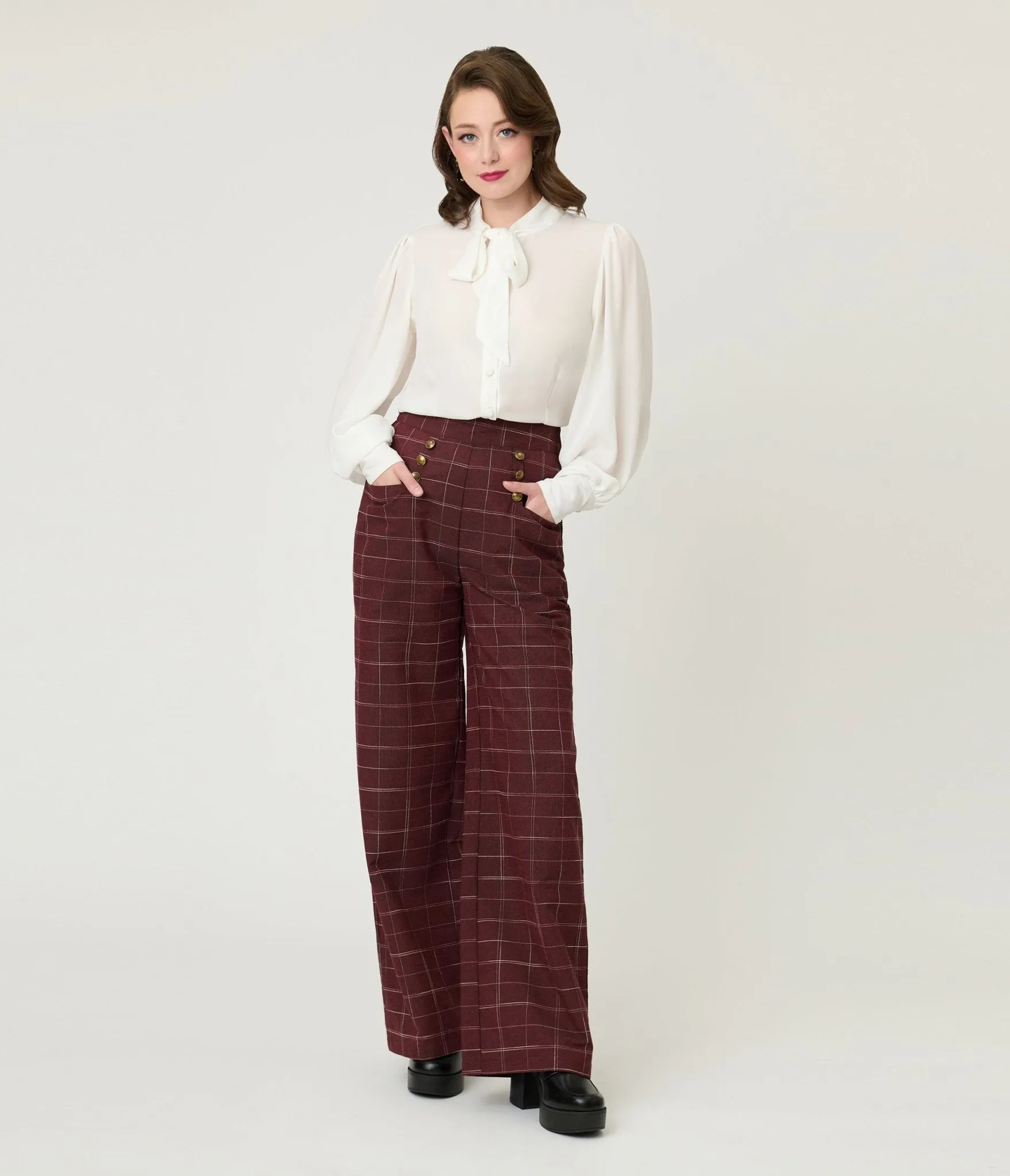 Unique Vintage Burgundy Windowpane Plaid Sailor Ginger Pants sold by Unique Vintage product image thumbnail 4