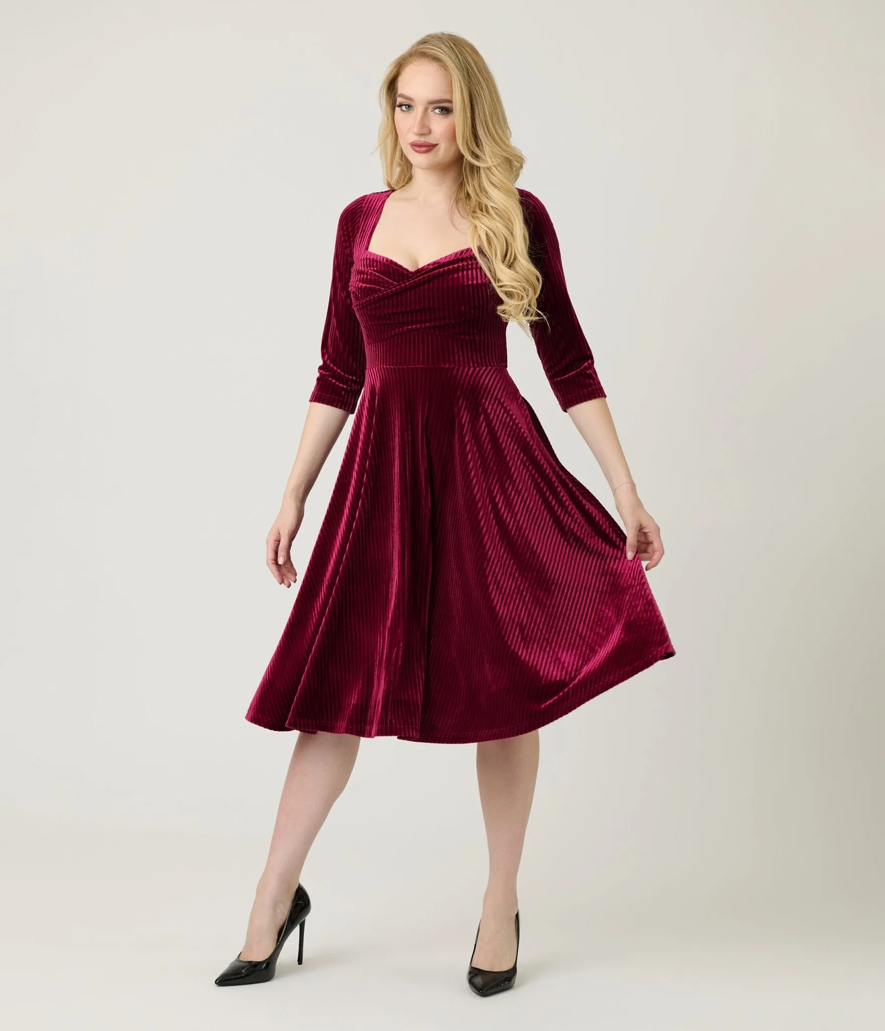Unique Vintage Merlot Striped Velvet Pleated Bust Swing Dress sold by Unique Vintage product image thumbnail 3