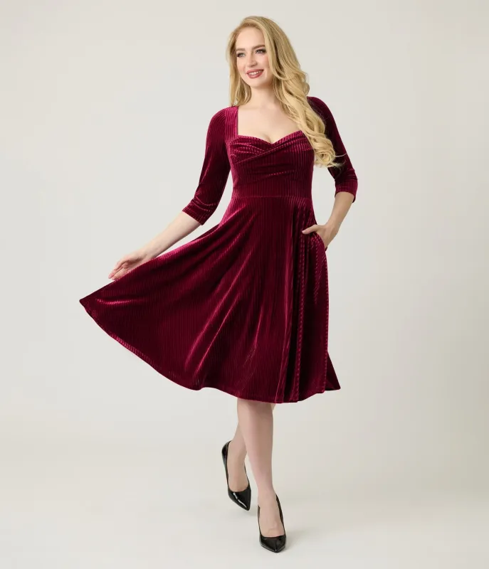 Unique Vintage Merlot Striped Velvet Pleated Bust Swing Dress sold by Unique Vintage