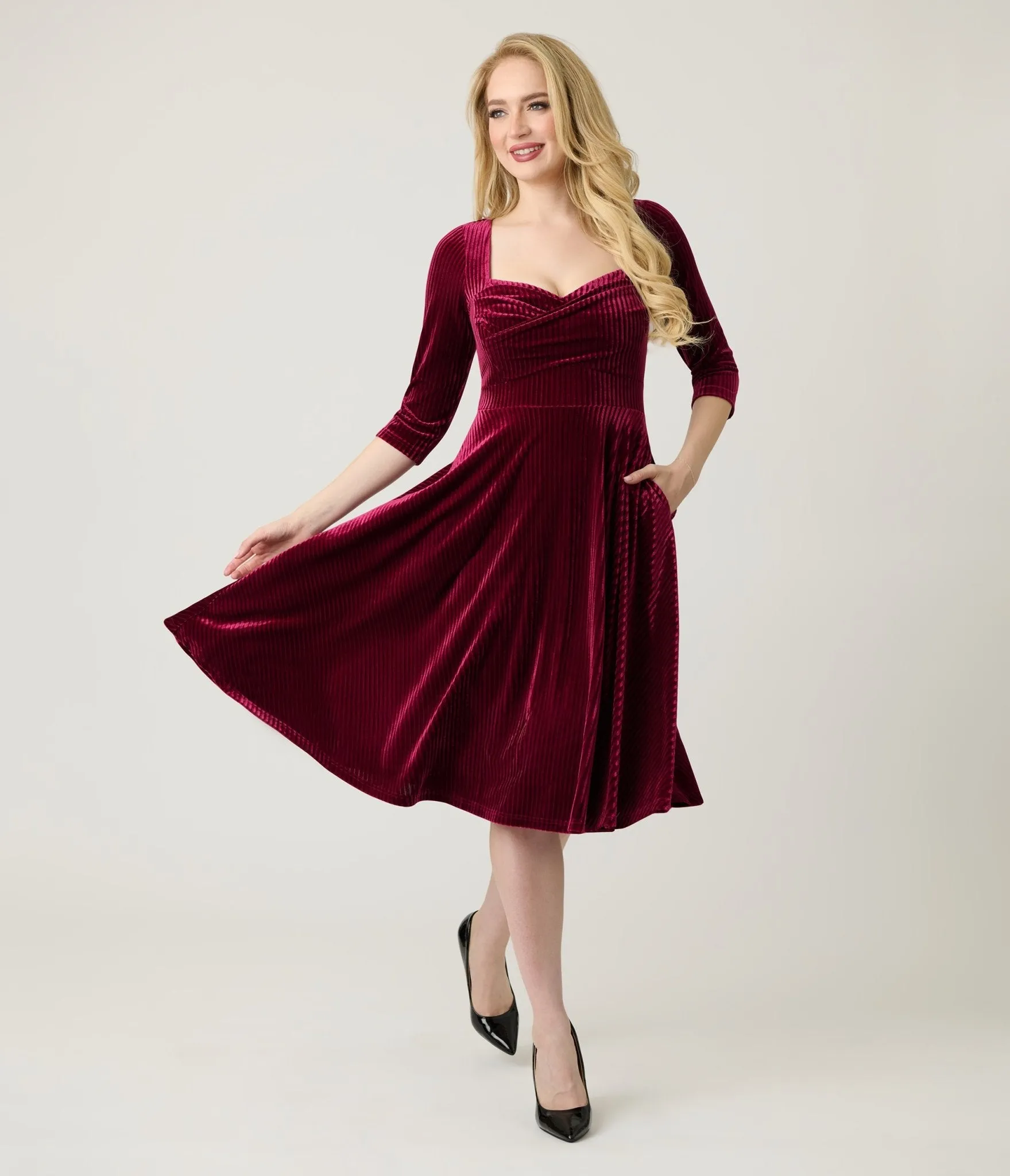 Unique Vintage Merlot Striped Velvet Pleated Bust Swing Dress sold by Unique Vintage