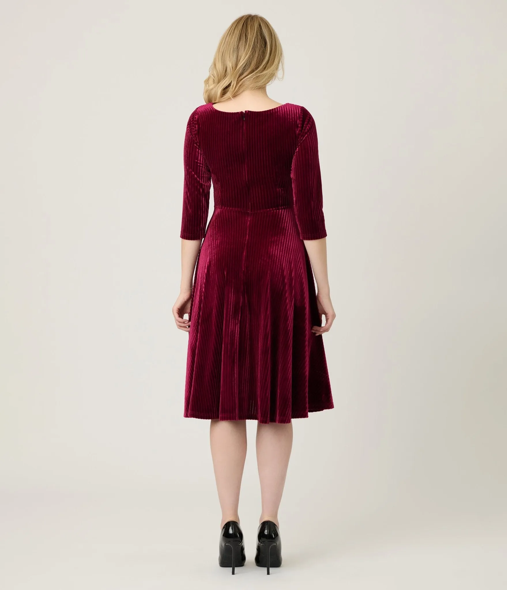 Unique Vintage Merlot Striped Velvet Pleated Bust Swing Dress sold by Unique Vintage product image thumbnail 2