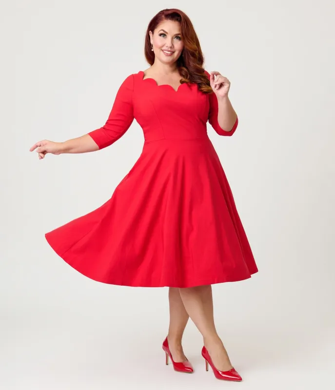 Unique Vintage Plus Size Red Scalloped Neck Swing Dress sold by Unique Vintage