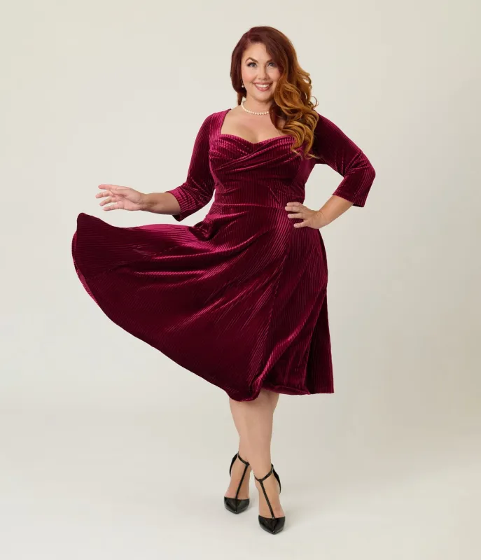 Unique Vintage Plus Size Merlot Striped Velvet Pleated Bust Swing Dress sold by Unique Vintage