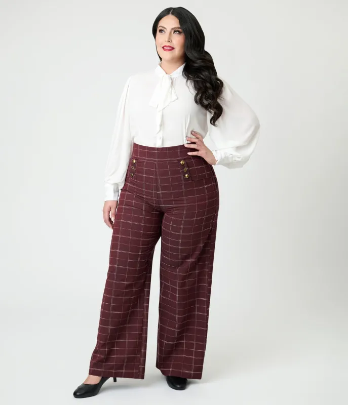 Unique Vintage Plus Size Burgundy Windowpane Plaid Sailor Ginger Pants sold by Unique Vintage