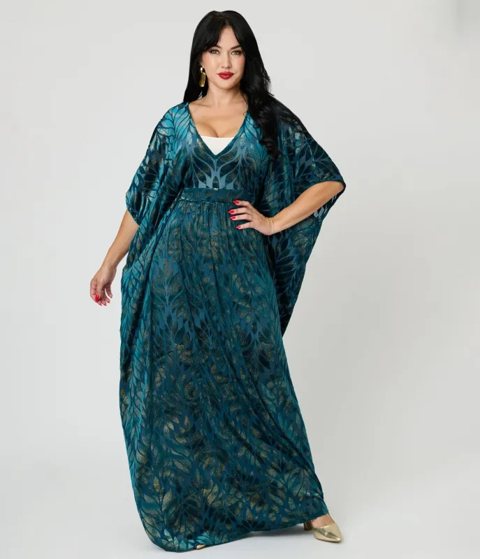 Unique Vintage Teal Leaf Burnout Burton Caftan sold by Unique Vintage