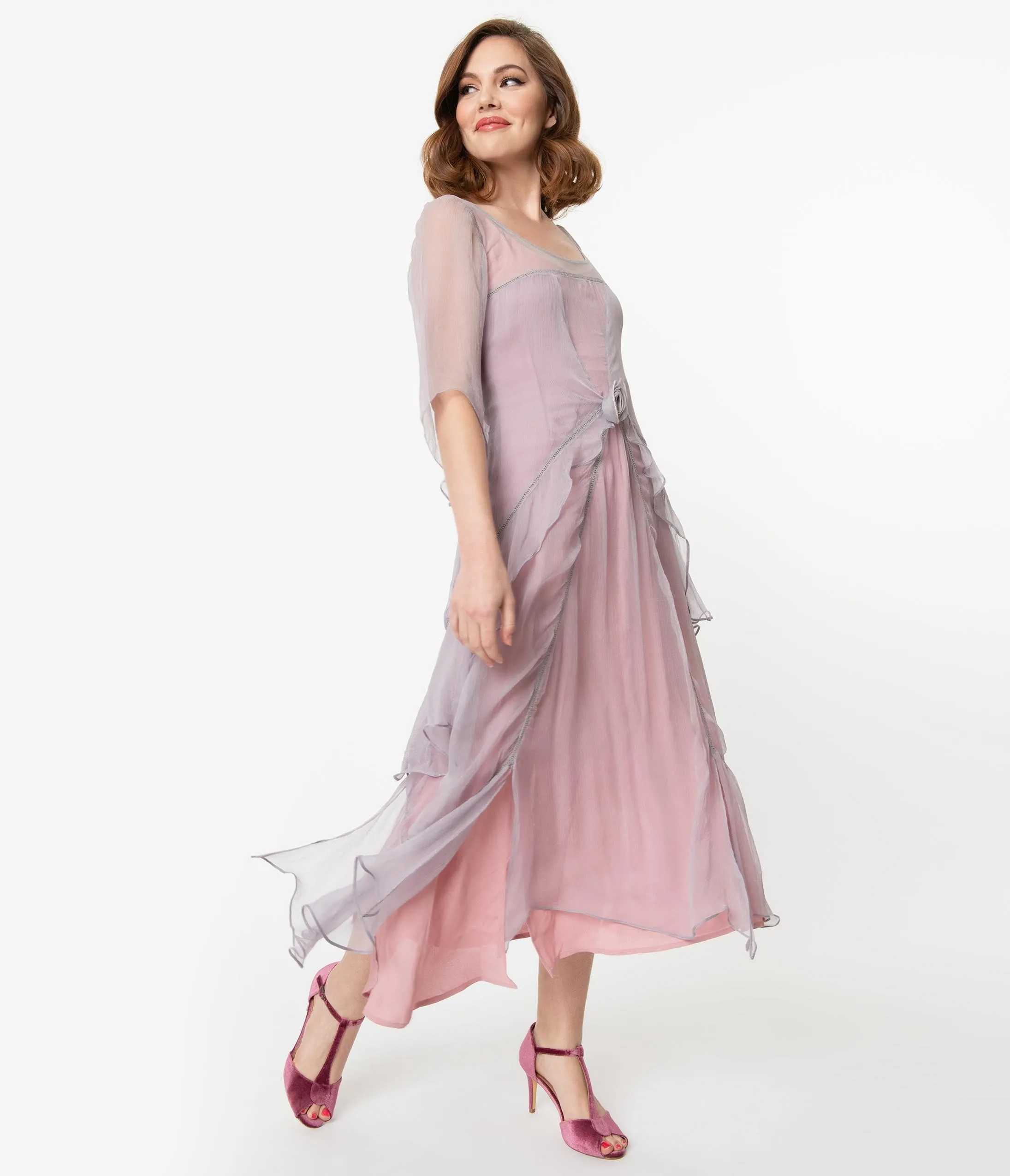 Nataya Vintage Style Mauve & Pink Chiffon Sleeved Edwardian Dress sold by Unique Vintage product image thumbnail 5