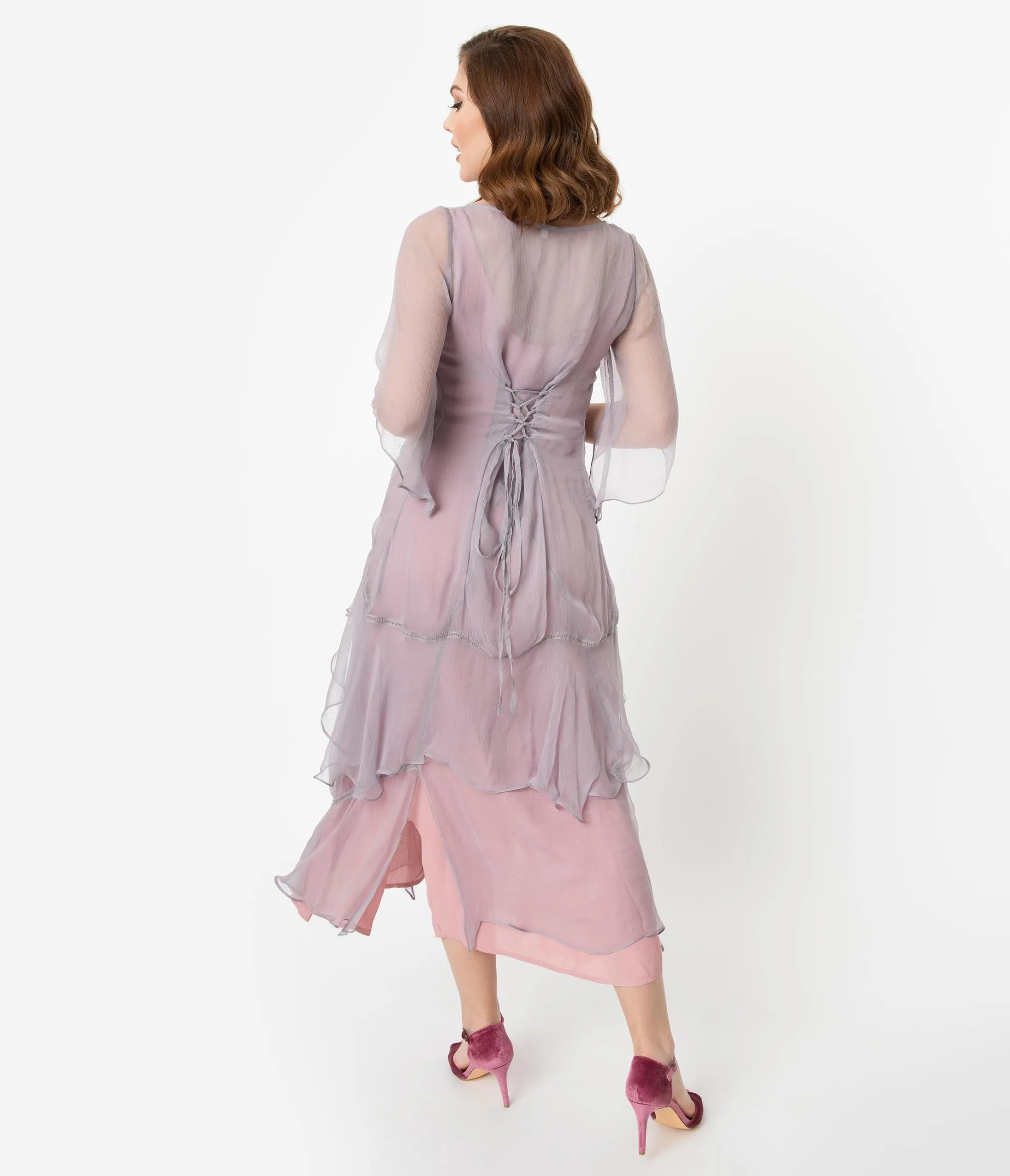 Nataya Vintage Style Mauve & Pink Chiffon Sleeved Edwardian Dress sold by Unique Vintage product image thumbnail 2