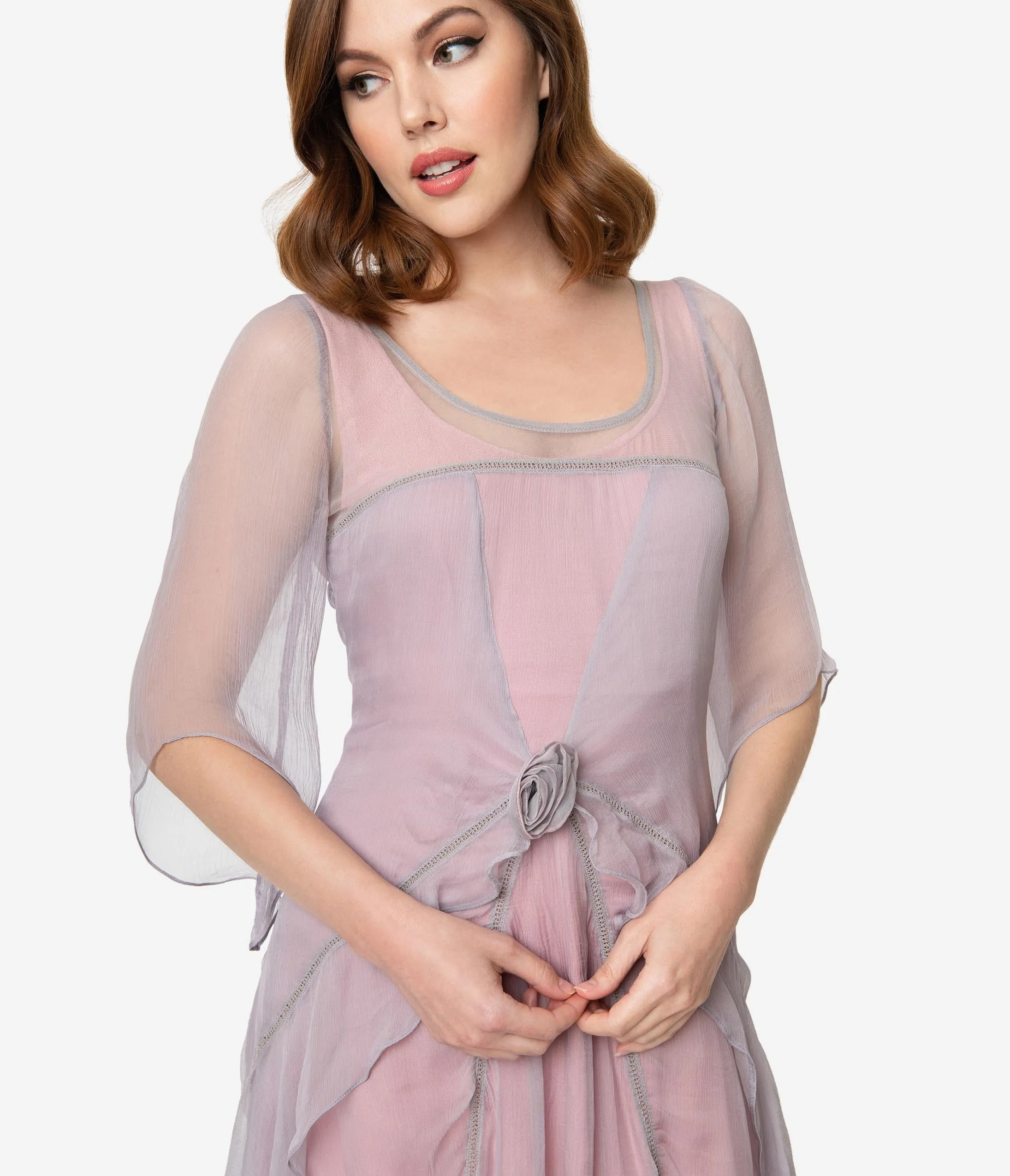 Nataya Vintage Style Mauve & Pink Chiffon Sleeved Edwardian Dress sold by Unique Vintage product image thumbnail 3