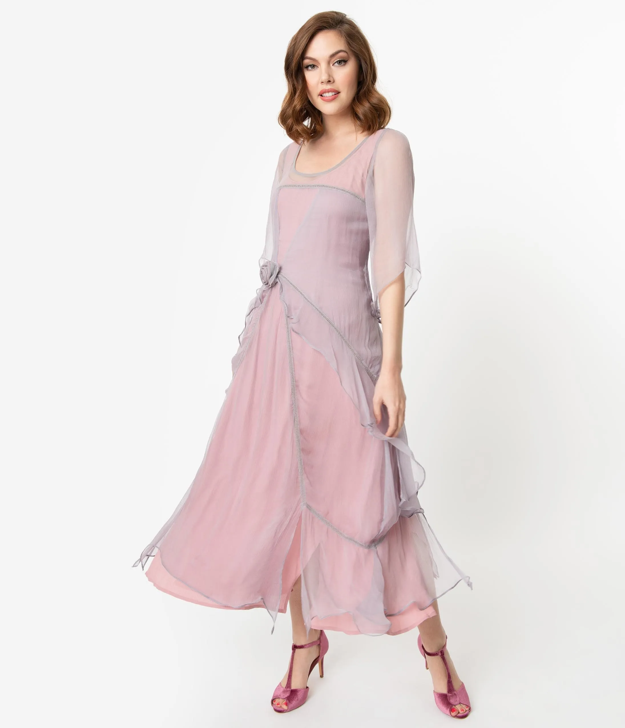 Nataya Vintage Style Mauve & Pink Chiffon Sleeved Edwardian Dress sold by Unique Vintage product image thumbnail 4