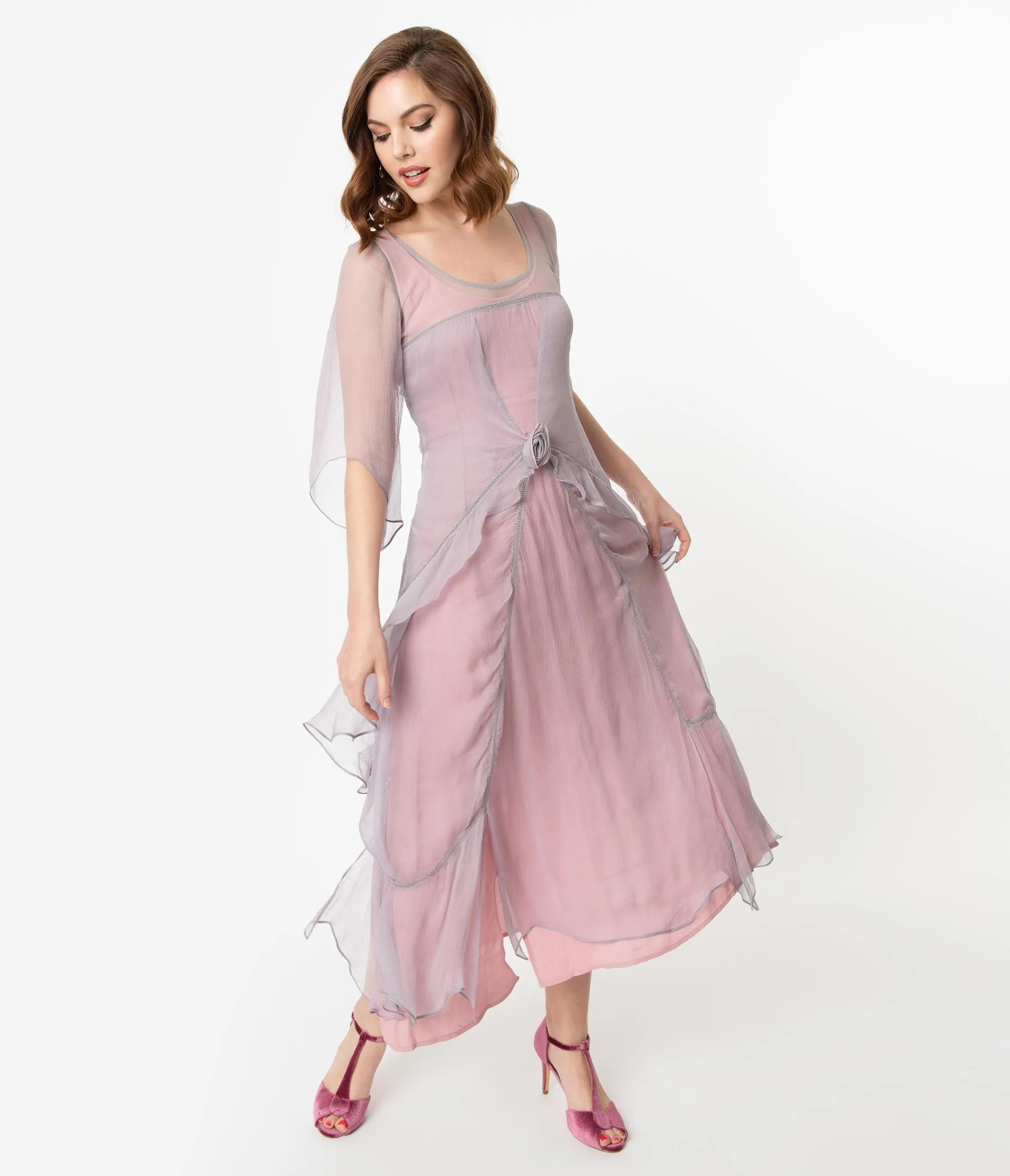 Nataya Vintage Style Mauve & Pink Chiffon Sleeved Edwardian Dress sold by Unique Vintage