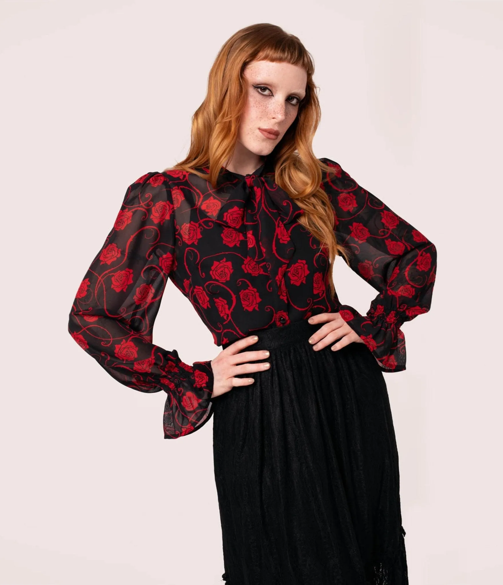 Hell Bunny Black & Red Rose Thorn Bow Blouse sold by Unique Vintage