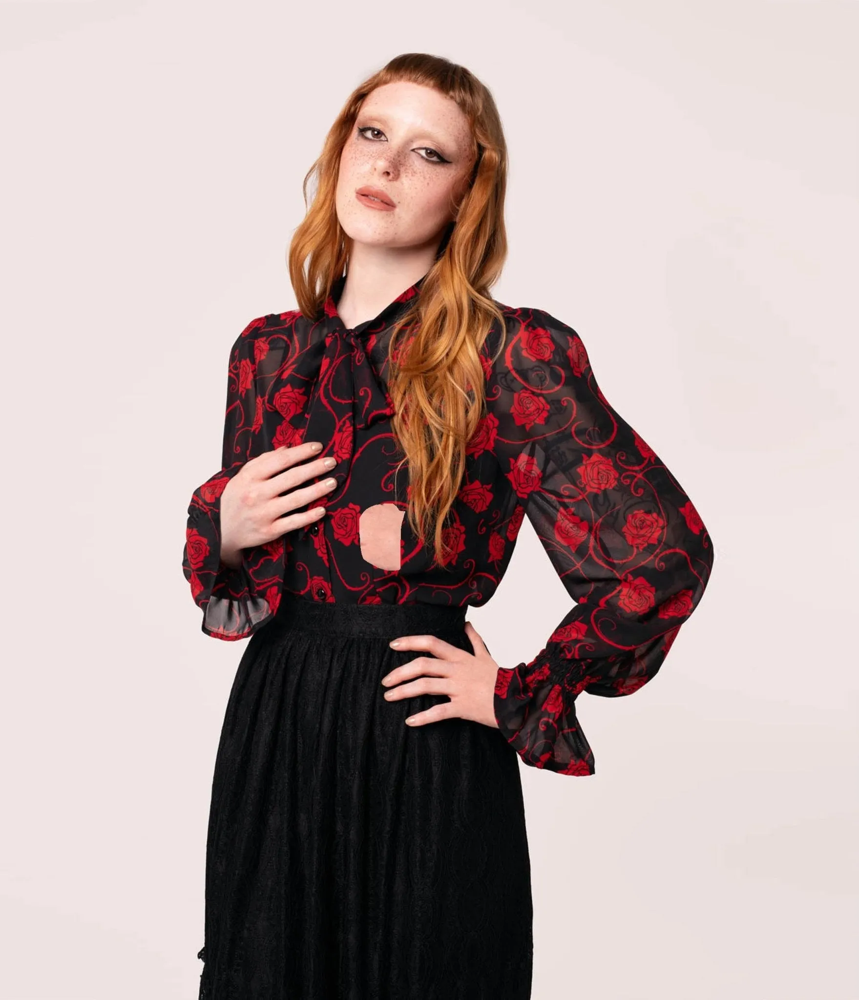 Hell Bunny Black & Red Rose Thorn Bow Blouse sold by Unique Vintage product image thumbnail 3