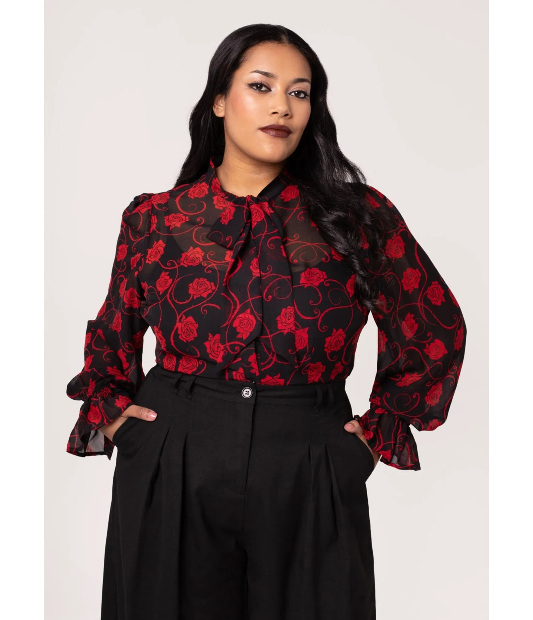 Hell Bunny Plus Size Black & Red Rose Thorn Bow Blouse sold by Unique Vintage