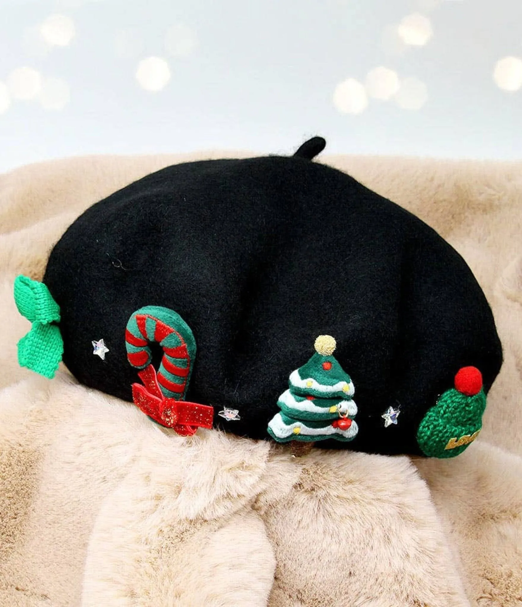 Black Christmas Charm Wool Beret sold by Unique Vintage
