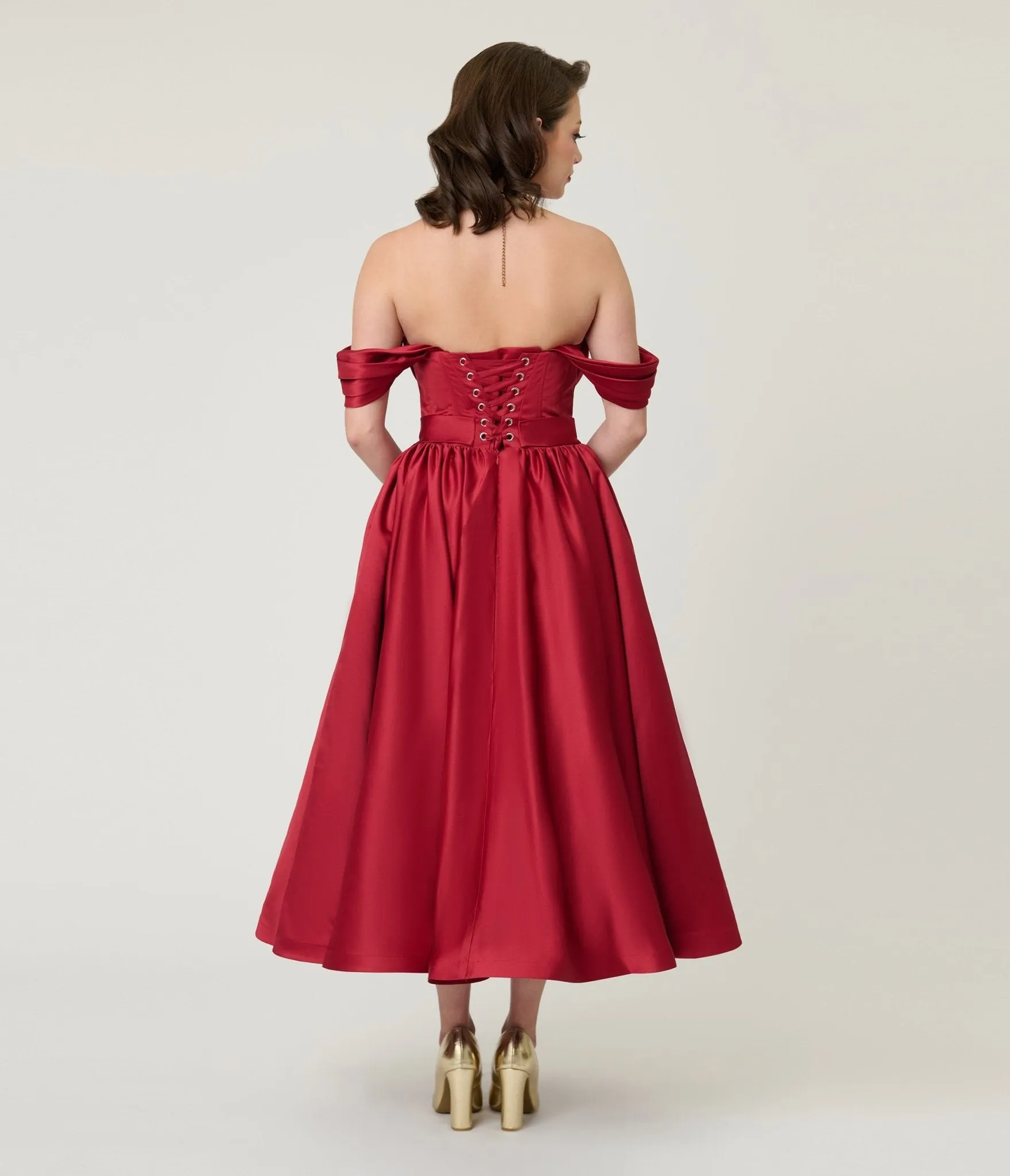 Unique Vintage Burgundy Off The Shoulder Tea Length Gown sold by Unique Vintage product image thumbnail 2