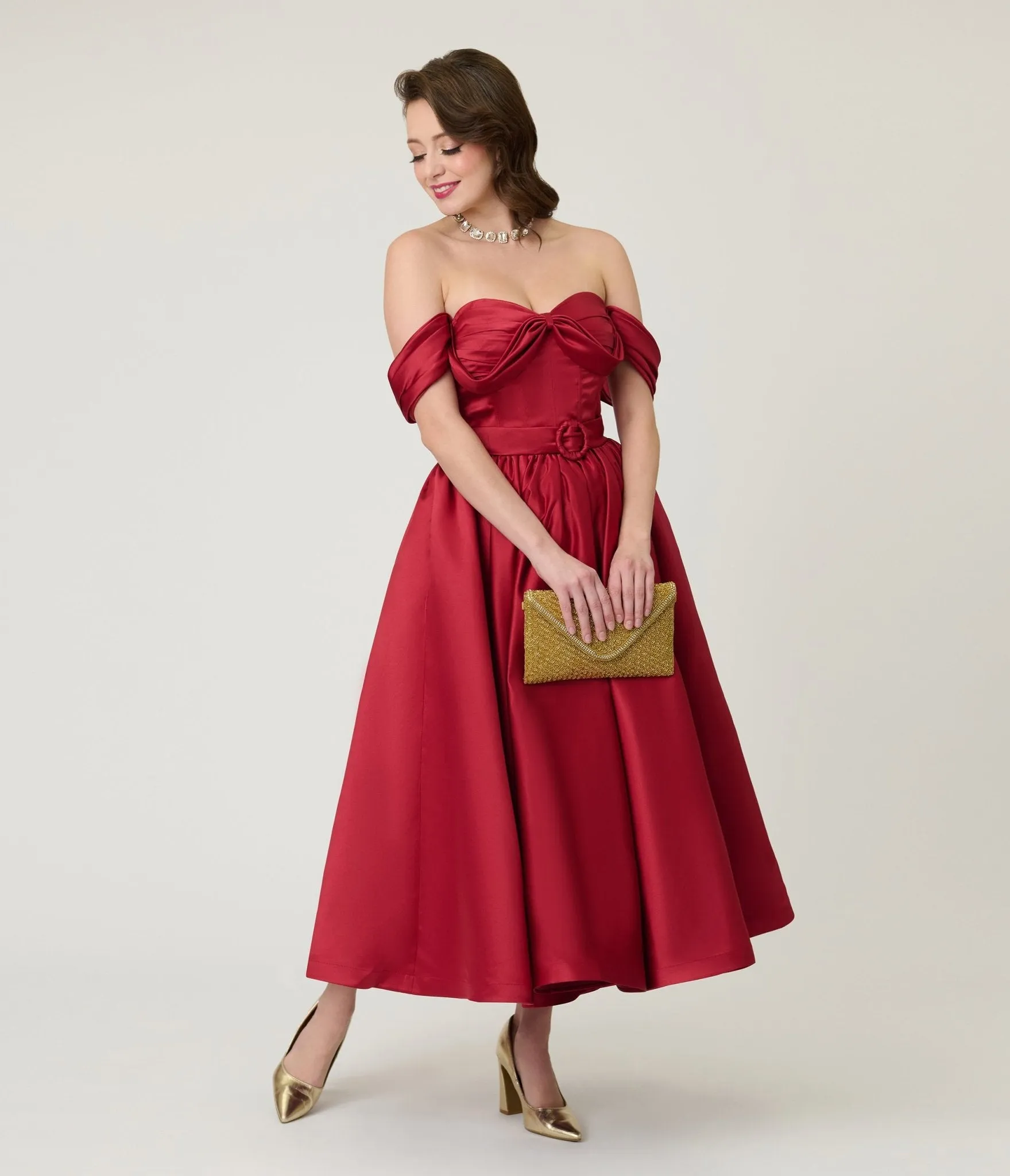 Unique Vintage Burgundy Off The Shoulder Tea Length Gown sold by Unique Vintage product image thumbnail 3