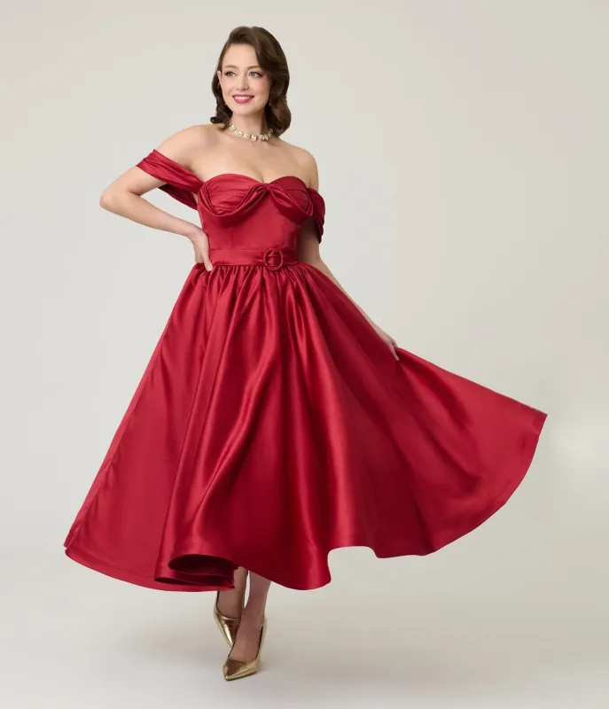 Unique Vintage Burgundy Off The Shoulder Tea Length Gown sold by Unique Vintage