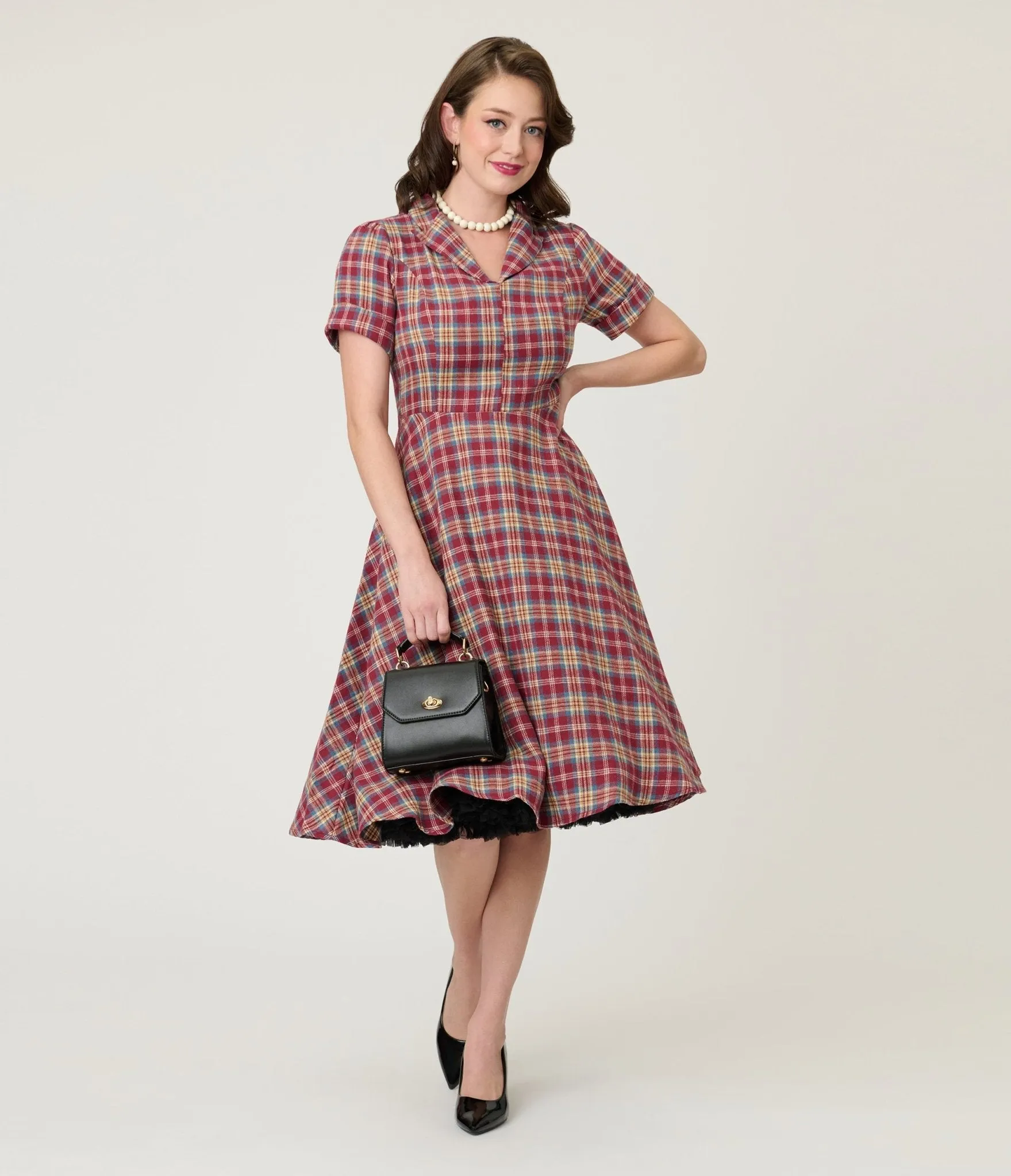 Burgundy & Tan Plaid Swing Dress sold by Unique Vintage