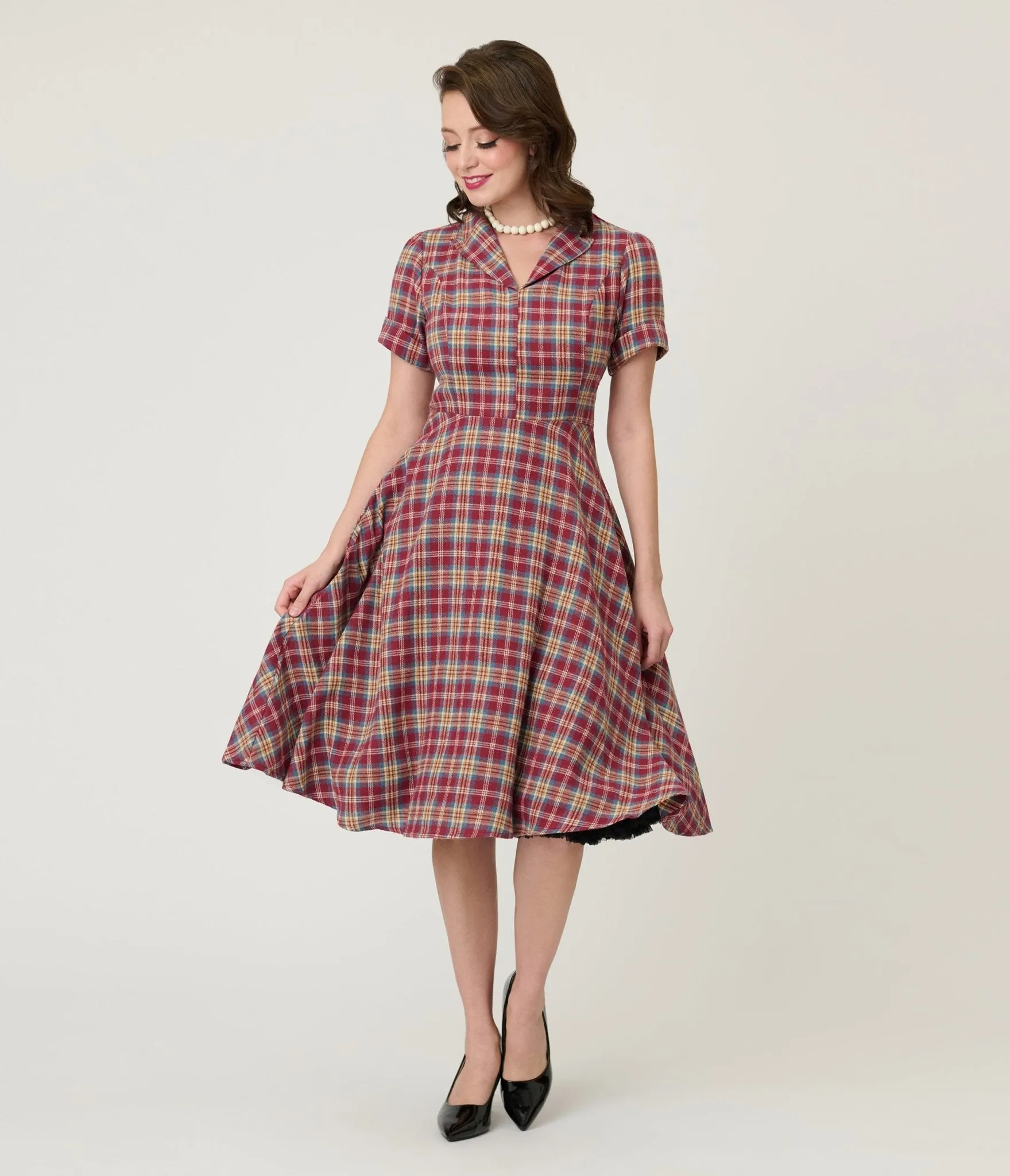 Burgundy & Tan Plaid Swing Dress sold by Unique Vintage product image thumbnail 3