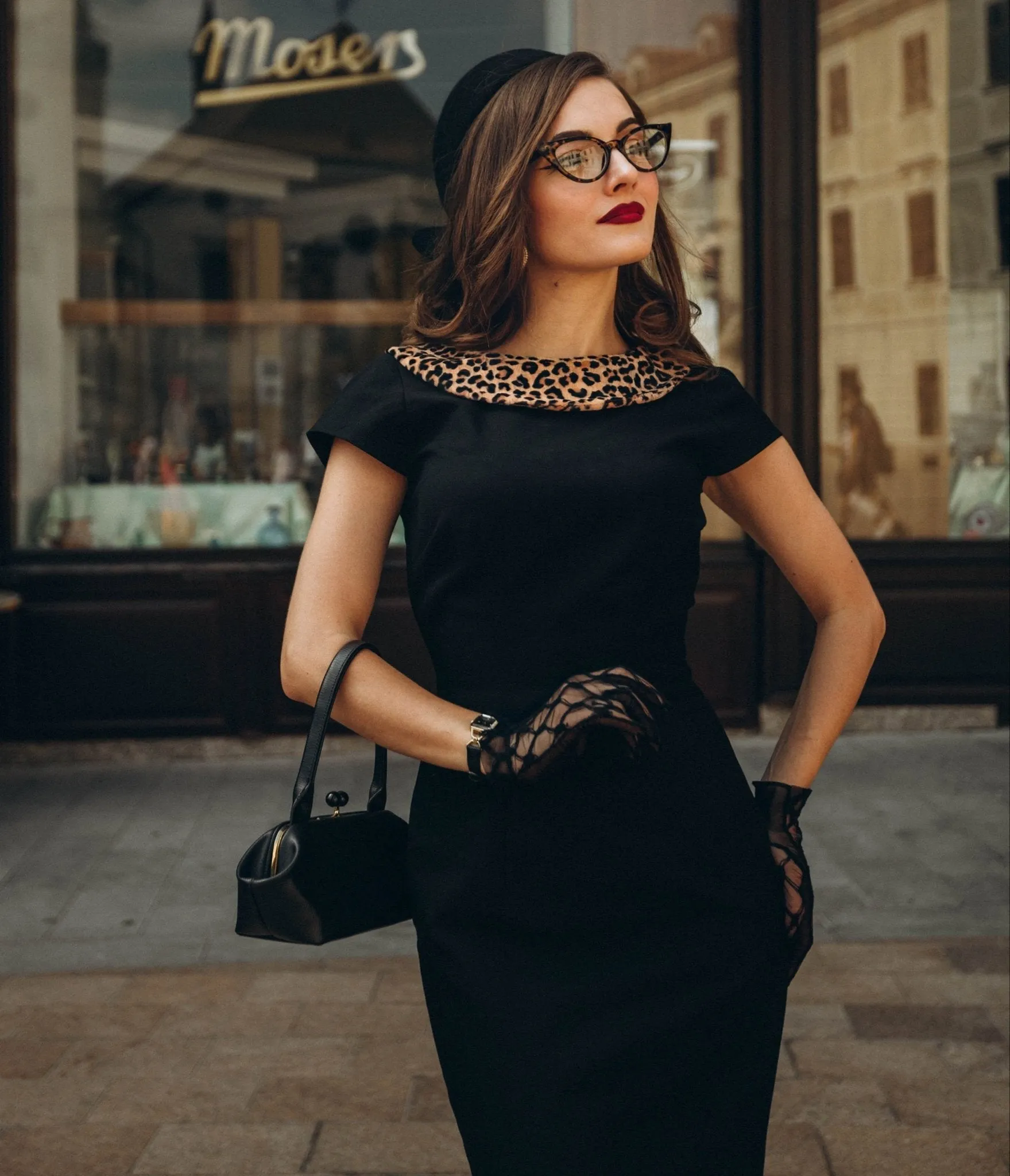 Heart My Closet Black & Leopard Print Dorothy Pencil Dress sold by Unique Vintage