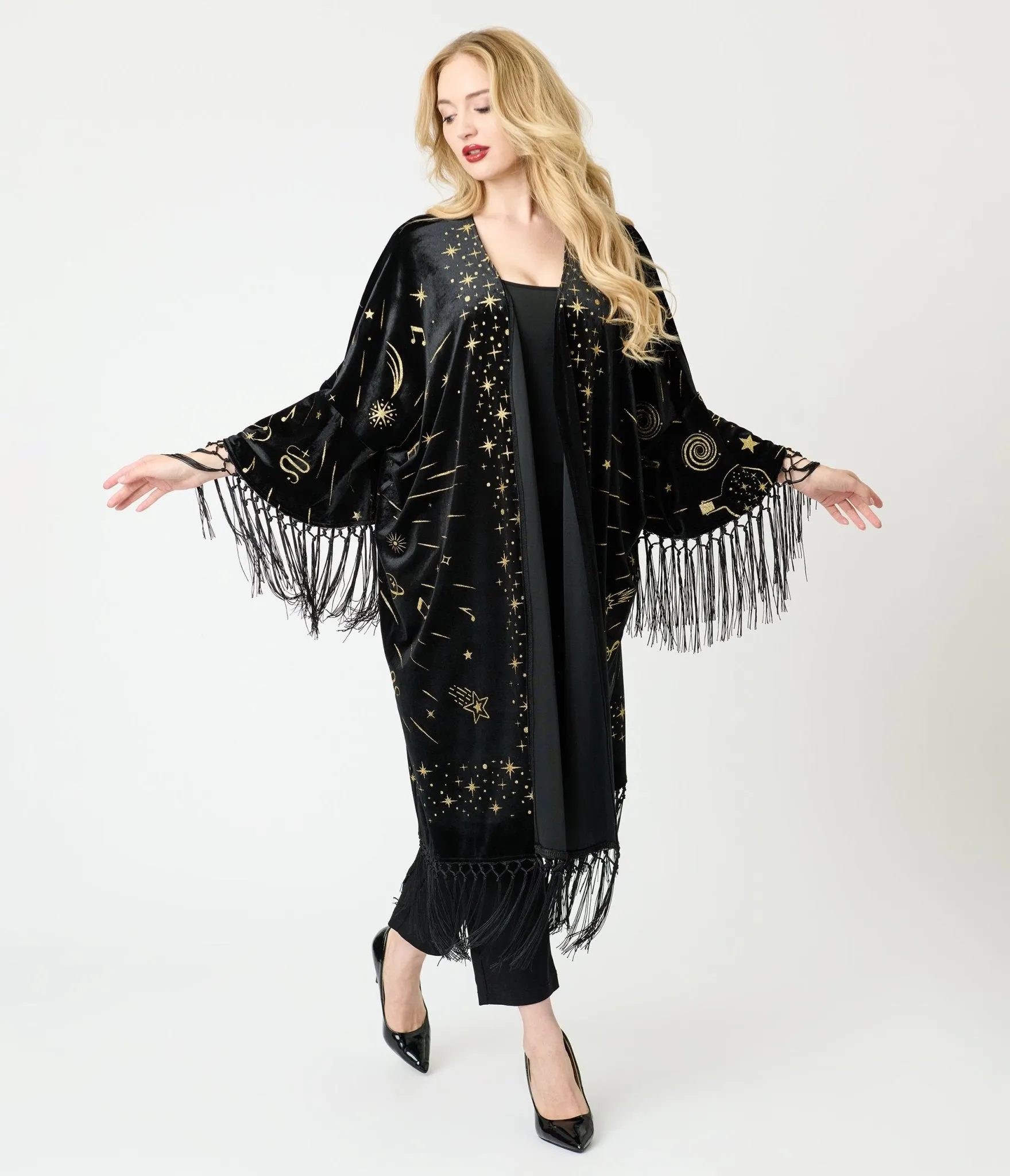 Disney Fantasia Collection by Unique Vintage Sorcerers Apprentice Black Velvet Fringe Kimono sold by Unique Vintage product image thumbnail 2