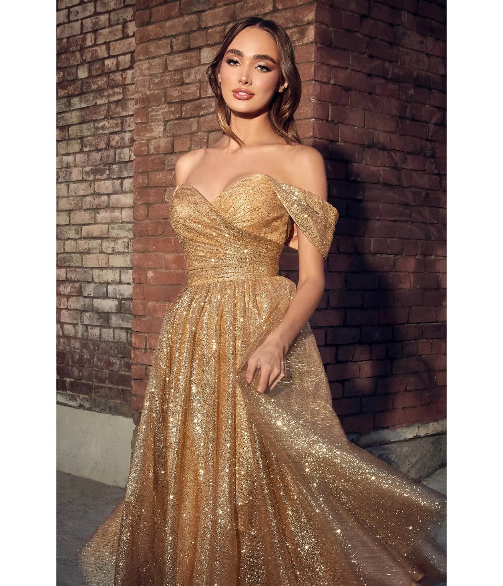 Ladivine by Cinderella Divine Gold Glitter Off The Shoulder Tea Length Dress sold by Unique Vintage product image thumbnail 2