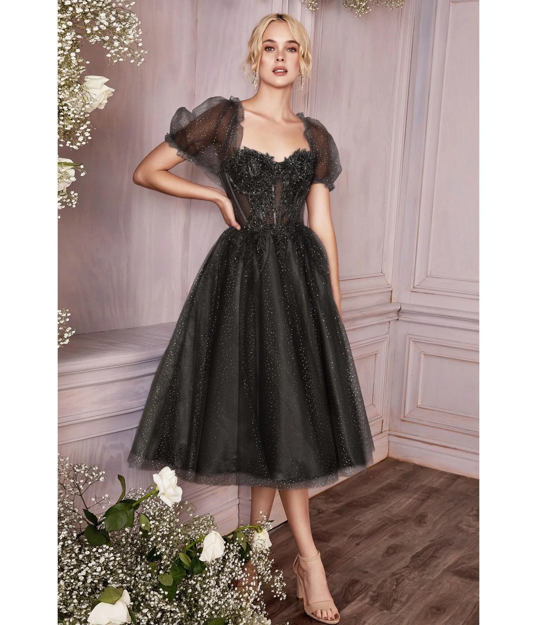 Ladivine by Cinderella Divine Black Glitter Floral Swing Prom Dress sold by Unique Vintage