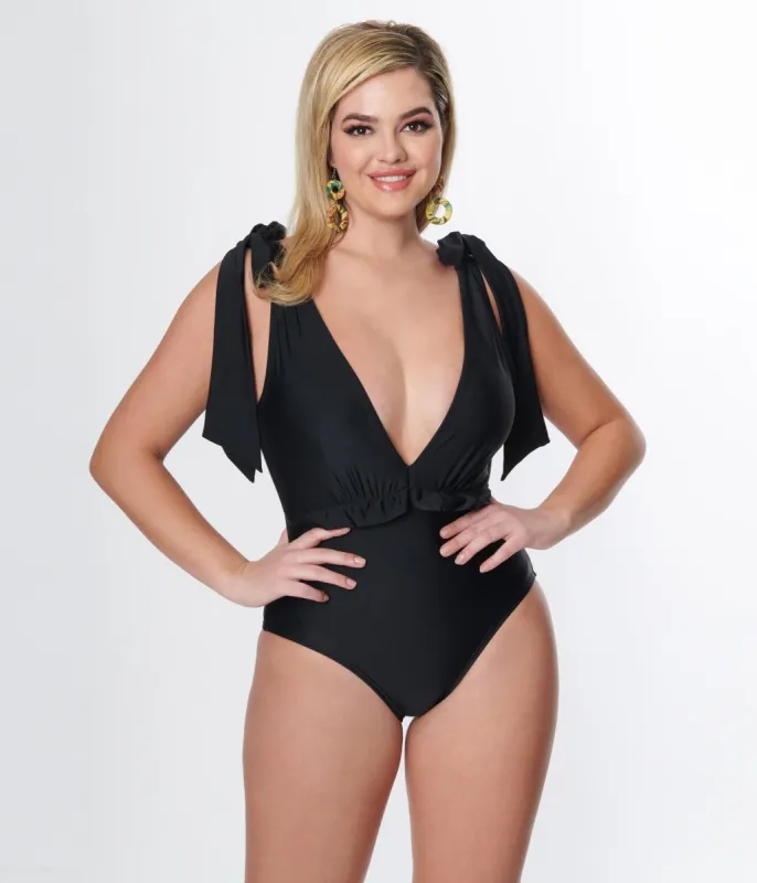 Unique Vintage Black Plunge One Piece Swimsuit sold by Unique Vintage